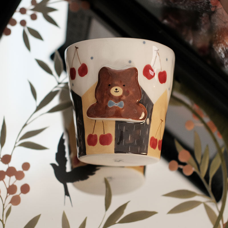 EXLUWOR Cherry Brown Bear Holding Ceramic Cup